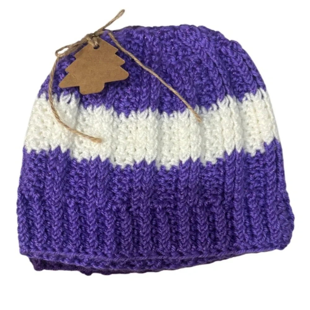 Handmade Crochet Beanie Set Winter Textured Sweater Knit Metallic Purple Aqua